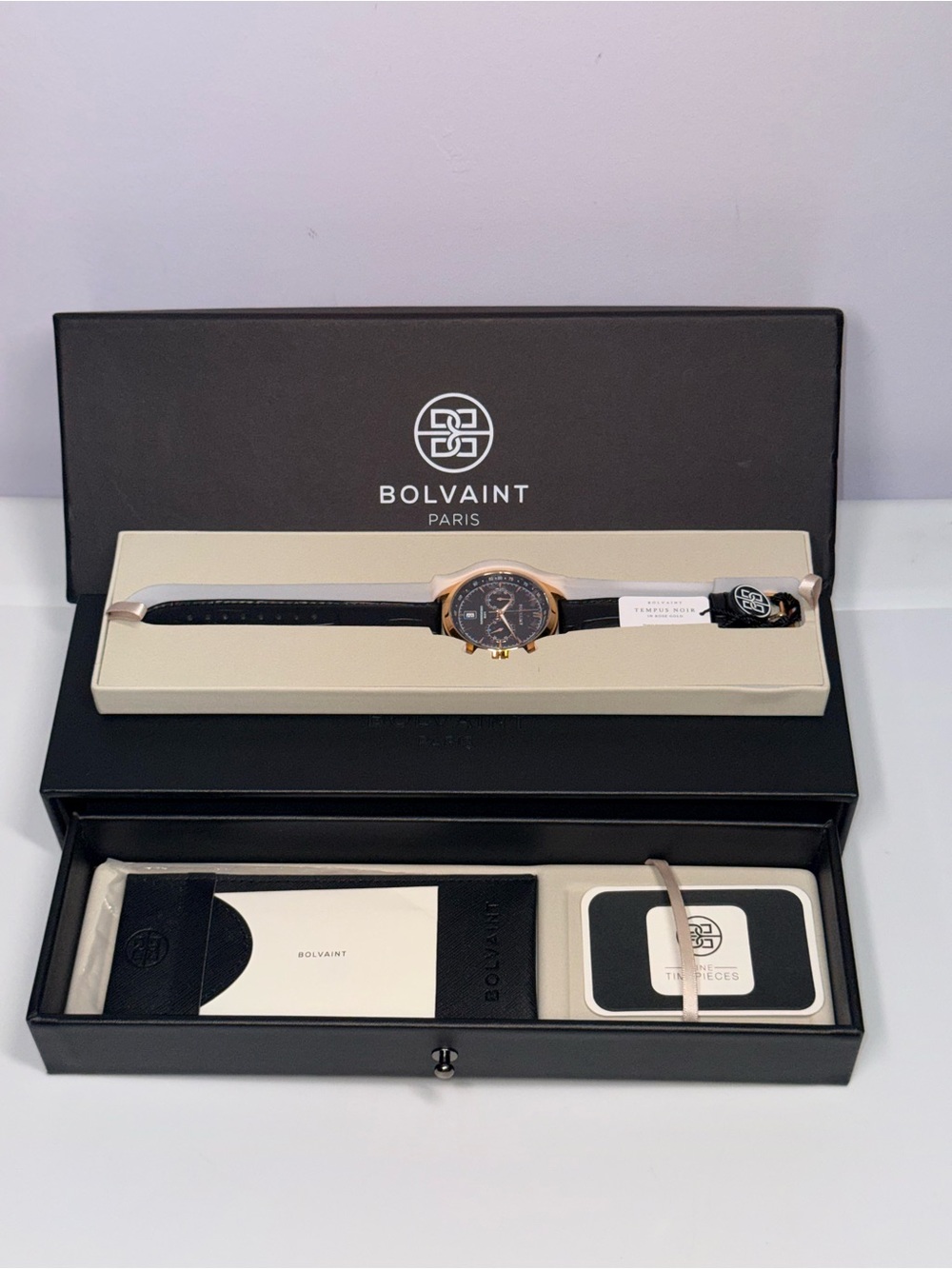 Bolvaint Men’s Black Leather Strap Chronograph Watch with Gold Case - Picture 3 of 5